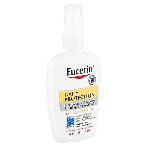 Eucerin Daily Protection Broad Spectrum Face Lotion & Sunscreen, SPF 30, 4 fl oznThis dermatologist recommended lightweight broad spectrum SPF 30 moisturizer with UVA/UVB sunscreens including zinc oxide and titanium dioxide, helps defend against long-term sun damage. It provides 24 hour moisturization and is clinically proven to be gentle on sensitive skin.n• Provides broad-spectrum UVA/UVB protectionn• Fragrance-free, non-comedogenicn• Dermatologist recommendedn• Fast-absorbing, non-greasy formulannDrug FactsnActive ingredients - PurposenEnsulizole 2.0%, octinoxate 7.5%, octisalate 4.5%, titanium dioxide 2.4%, zinc oxide 4.8% - SunscreennnUsesn• helps prevent sunburnn• if used as directed with other sun protection measures (see Directions), decreases the risk of skin cancer and early skin aging caused by the sun.