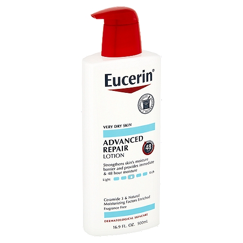 Eucerin Advanced Repair Lotion, 16.9 fl oz
Eucerin® Advanced Repair Lotion - an advanced moisturizing formula that hydrates very dry skin and helps maintain its moisture balance
• Ceramide 3 enriched; strengthens skin's protective moisture barrier
• Natural moisturizing factors enriched: a combination of moisturizing ingredients naturally found in the skin that intensively hydrates to help prevent dryness
