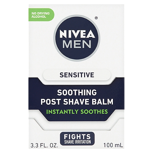 Nivea Men Sensitive Soothing Post Shave Balm, 3.3 fl oznSkin irritated from shaving? Don't tolerate it. It starts with you.nnWhat Do You Get?n• This extra gentle formula was specially developed for men with sensitive skin. It's enriched with vitamin E, and soothing natural chamomile and witch hazel extracts, to soothe skin and fight 5 Signs of Shave Irritation: burning, micro cuts, dryness, tightness and stubble itch.n• Improves skin's defense over time.n• Fast absorbing, non-greasy, non-sticky.n• Formulated with no drying alcohol.n• Lightly fragranced.nnResultn• Skin looks healthy and cared for.n• Skin feels comfortable and smooth.