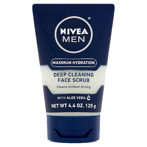Nivea Men Maximum Hydration Deep Cleaning Face Scrub, 4.4 oznExternal influences like wind, rain, sun and changing temperatures can be tough on your skin. That's why it needs moisturization and care.nnWhat Do You Get?nThe foaming cleansing scrub is formulated with aloe vera and pro-vitamin B5, and also contains fine scrub particles:n• Deeply cleanses your skin to unclog pores and helps to clear away impurities and oiln• Refines and smoothes complexion by removing dead skinn• When used before shaving, improves razor glidennResultn• Skin feels thoroughly clean, smooth, and healthyn• Skin does not feel tight or dryn• Skin feels refreshed and cared for
