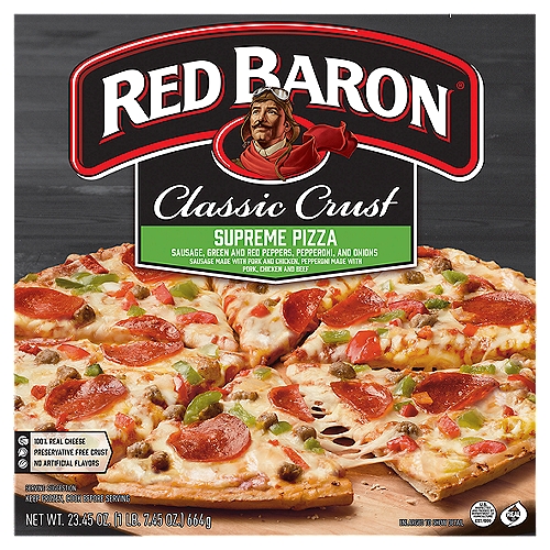 Red Baron Classic Crust Supreme Pizza, 23.45 oz
Sausage Made with Pork and Chicken, Pepperoni Made with Pork, Chicken and Beef

Not too thick. Not too thin. With just the right amount of crunch.

Calm mealtime chaos with the pizza the whole family loves.