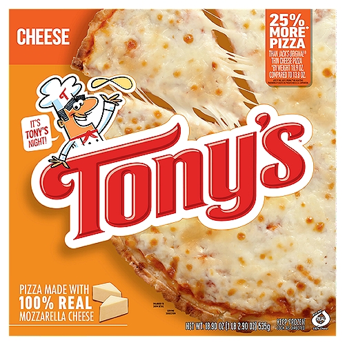 Tony's Cheese Pizza, 18.90 oz
25% More* Pizza than Jack's Original® Thin Cheese Pizza
*By Weight 18.9 Oz. Compared to 13.8 Oz.