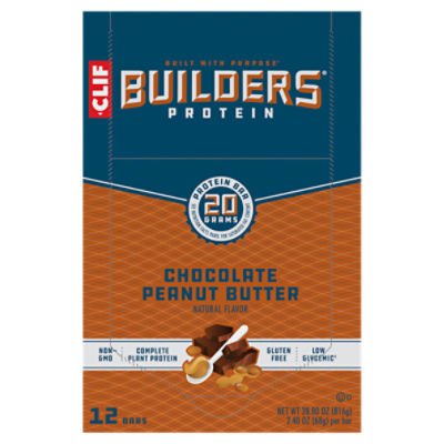 CLIF Builders Chocolate Peanut Butter Flavor Protein Bars, 2.4 oz, 12 Count
