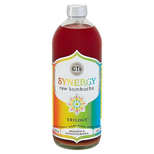 GT's Synergy Trilogy Raw Kombucha, 48 fl oz 
Raw is Real
If Kombucha is not raw, then it's not the real deal. When heated (pasteurized), filtered, or made from concentrate, Kombucha's innate nutritional goodness is compromised and weakened. But don't just take our word for it; you can see the authenticity in every one of our bottles. They're always refrigerated, have visible culture strands, and offer a bright, tangy bite.