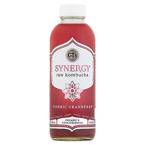 GT's Synergy Cosmic Cranberry Raw Kombucha, 16 fl oz
Renew, rebalance, rebuild, reclaim, rekindle, recharge

Per Bottle at time of bottling: Probiotics Bacillus Coagulans GBI-306086: 1 billion organisms, S. Boulardii: 4 billion organisms, Lactobacillus Bacterium: 4 billion organisms, L(+) Lactic Acid: 100mg, Acetic Acid: 75mg, Glucuronic Acid: 1400mg, Gluconic Acid: 650mg

What is Kombucha?
Once known as ''The Tea of Immortality,'' Kombucha is a fermented drink with origins dating back to 221 B.C. This ancient elixir is traditionally crafted with a sweetened tea base and a live Kombucha culture (SCOBY). During fermentation, the SCOBY transforms the tea into a bright, tangy, and naturally effervescent beverage with billions of living probiotics to support digestive and immune health.