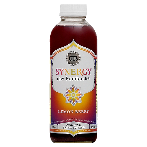 GT's SYNERGY Lemon Berry Kombucha, Organic, 16oz
• SYNERGY Kombucha contains 9 billion living probiotics in every 16 oz bottle for gut health
• Made from 100% raw and organic ingredients
• Each bottle is hand crafted and fermented for 30 days for maximum potency
• Certified Organic, Non-GMO, Gluten-free, Vegan and Kosher
• Suitable for all ages; consult with your doctor if you are nursing or pregnant

9 Billion Living Probiotics†
†Per Bottle at time of bottling: Probiotics Bacillus Coagulans GBI-306086: 1 billion organisms, S. Boulardii: 4 billion organisms, Lactobacillus Bacterium: 4 billion organisms, L(+) Lactic Acid: 100mg, Acetic Acid: 75mg, Glucoronic Acid: 1400mg, Gluconic Acid: 650mg

Raw is Real
If Kombucha is not raw, then it's not the real deal. When heated (pasteurized), filtered, or made from concentrate. Kombucha's innate nutritional goodness is compromised and weakened. But don't just take our word for it, you can see the authenticity in every one of our bottles. They're always refrigerated, have visible culture strands, and offer a bright, tangy bite.