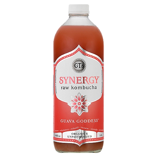SYNERGY Guava Goddess Kombucha, Organic, 48oz
• SYNERGY Kombucha contains 9 billion living probiotics in every 16 oz bottle for gut health
• Made from 100% raw and organic ingredients
• Each bottle is hand crafted and fermented for 30 days for maximum potency
• Certified Organic, Non-GMO, Gluten-free, Vegan and Kosher
• Suitable for all ages; consult with your doctor if you are nursing or pregnant

9 Billion Living Probiotics†
† Per 16oz, at time of bottling: Probiotics Bacillus Coagulans GBI-306086: 1 billion organism, S. Boulardii: 4 billion organisms, Lactobacillus Bacterium: 4 billion organisms, L(+) Lactic Acid: 100mg, Acetic Acid: 75mg, Glucuronic Acid: 1400mg, Gluconic Acid: 650mg

Raw is Real
If Kombucha is not raw, then it's not the real deal. When heated (pasteurized), filtered, or made from concentrate, Kombucha's innate nutritional goodness is compromised and weakened. But don't just take our word for it, you can see the authenticity in every one of our bottles. They're always refrigerated, have visible culture strands, and offer a bright, tangy bite.