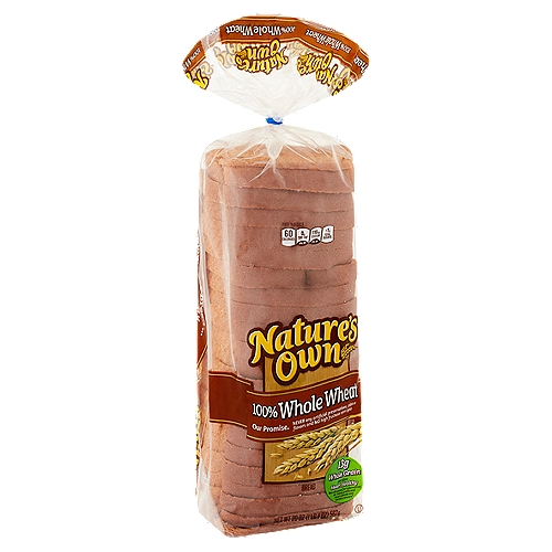 Nature's Own 100% Whole Wheat Bread, 20 oz
Our Promise.
Never any artificial preservatives, colors or flavors and no high fructose corn syrup.

Get to Know Your Bread ...
A low fat food
A cholesterol free food
0g of trans fat per slice
2g fiber per slice