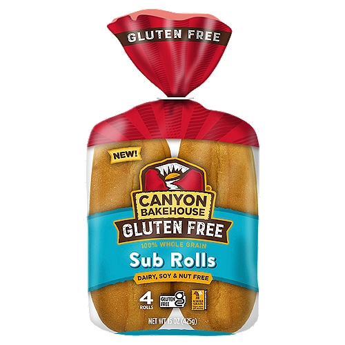 Canyon Bakehouse Gluten Free 100% Whole Grain Sub Rolls, 4 count, 15 oz
Love Bread Again: Our artisan-inspired rolls are ready to take the heat as a toasted sub or piled high with your deli creations!