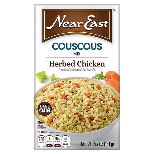 Flavorful and enticing, this dish combines semolina wheat couscous with the delicious savory flavor of chicken and adds in carrots, onions, parsley, garlic, spices and celery. Near East Herbed Chicken Couscous is Kosher Certified *OU-MEAT*.