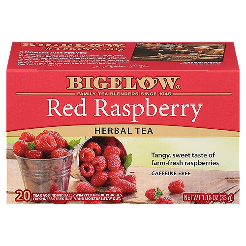 Bigelow Red Raspberry Herbal Tea Bags, 20 count, 1.18 oz
Bigelow Herbal Blend
We're Proud of Our Recipe
Bursting with the flavor of ripe raspberries freshly picked from the farm, our blend is the perfect balance of sweet and tangy. It's a totally refreshing experience hot or iced.