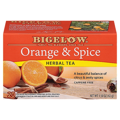 Bigelow Orange & Spice Herbal Tea Bags, 20 count, 1.50 oznProtected in FoilnTo maintain the integrity of our carefully selected ingredients, we wrap each tea bag in a foil pouch to ensure the fullest flavor, freshness, and aromannOur Family is Proud of Our RecipenEach ingredient below has been carefully selected by the Bigelow family to deliver an uncompromised quality tea experience. Our blend of sun-kissed oranges and zesty spices is one of our family's favorite recipes.