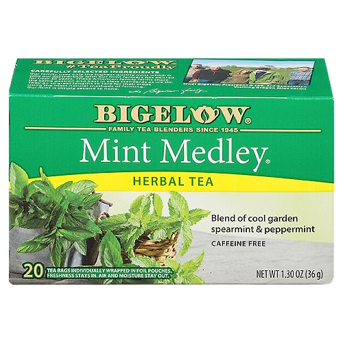 Bigelow Mint Medley Herbal Tea Bags, 20 count, 1.30 oznProtected in FoilnTo maintain the integrity of our carefully selected ingredients, we wrap each tea bag in a foil pouch to ensure the fullest flavor, freshness, and aromannOur Family is Proud of Our RecipenEach ingredient below has been carefully selected by the Bigelow family to deliver an uncompromised quality tea experience. Our Mint Medley is a smooth, flavorful, and aromatic blend of refreshing spearmint and cool peppermint grown right here in America. Try it hot or iced.