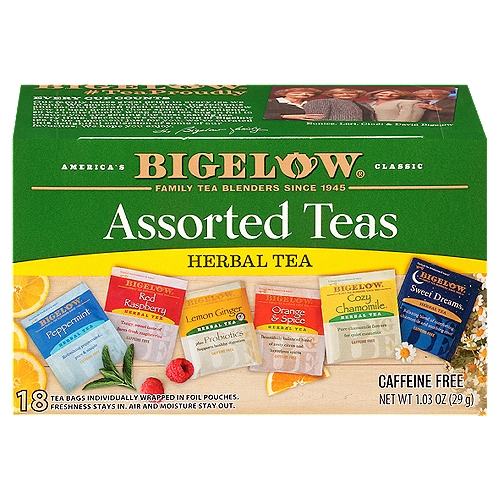 Bigelow Assorted Herbal Tea Bags, 18 count, 1.03 oz
Bigelow® Peppermint Herbal Tea
Bigelow® Red Raspberry Herbal Tea
Bigelow® Lemon Ginger Herbal Tea
Bigelow® Orange & Spice Herbal Tea
Bigelow® Cozy Chamomile® Herbal Tea
Bigelow® Sweet Dreams® Herbal Tea

Protected in Foil...
…Because Flavor Matters our family selects ingredients so carefully that they must be protected in foil to allow you to experience their full Flavor, Freshness, Aroma