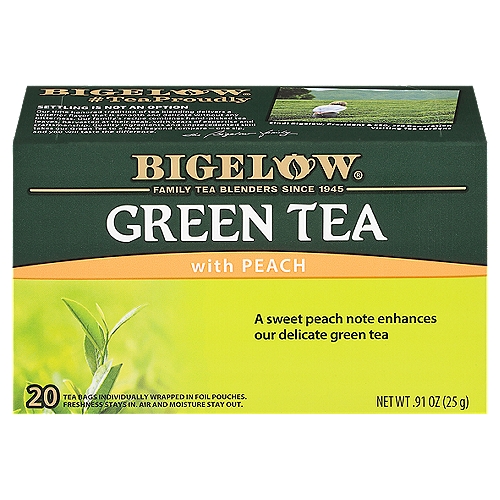 Bigelow Green Tea Bags with Peach, 20 count, .91 oz
Bigelow Green Tea Blend
Green Tea with Peach
We're Proud of Our Recipe
We've added juicy peach flavor to our hand-picked green tea. The result is a smooth and soothing cup of oh so delicious green tea with a sweet peach note. Sure to satisfy all of your taste buds.

Unlock the freshness...
...Here's the key
We use a special foil pouch to protect your tea from any air, moisture and surrounding aromas. So open and enjoy the unparalleled flavor, freshness, aroma of Bigelow Tea everywhere you go!