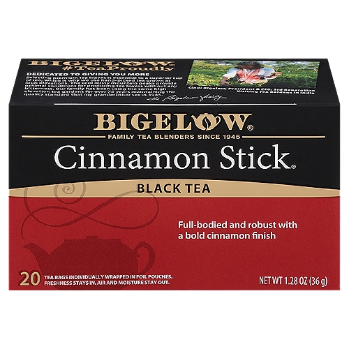 Bigelow Cinnamon Stick Black Tea Bags, 20 count, 1.28 oznProtected in FoilnTo maintain the integrity of our carefully selected ingredients, we wrap each tea bag in a foil pouch to ensure the fullest flavor, freshness, and aromannOur Family is Proud of Our RecipenEach ingredient below has been carefully selected by the Bigelow family to deliver an uncompromised quality tea experience. Our Cinnamon Stick is a robust blend of rich black tea with just the right amount of bold cinnamon.