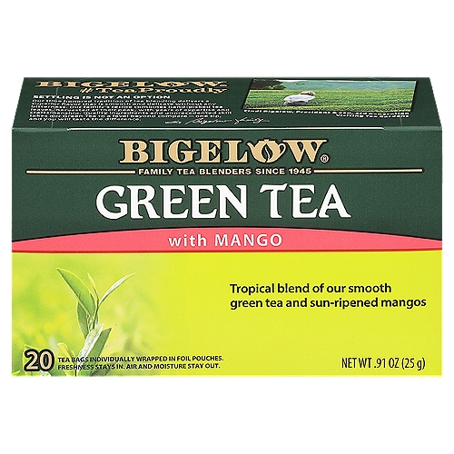 Bigelow Green Tea Bags with Mango, 20 count, .91 oz
Bigelow Green Tea Blend
We're Proud of Our Recipe
Imagine the taste of a juicy, sun ripened mango joined with our smooth green tea. You are in for a tropical delight whether you sip this delicious blend hot or iced.

Unlock the freshness...
...Here's the key
We use a special foil pouch to protect your tea from any air, moisture and surrounding aromas. So open and enjoy the unparalleled flavor, freshness, aroma of Bigelow Tea everywhere you go!
