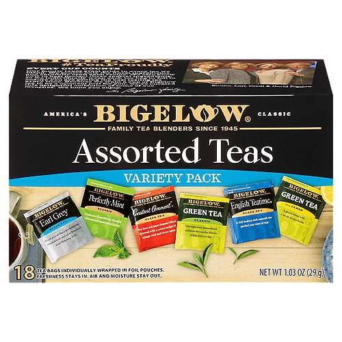 Bigelow America's Classic Assorted Teas Variety Pack, 18 count, 1.10 oz
Bigelow Lemon Lift® Black Tea
Bigelow Classic Green Tea
Bigelow ''Constant Comment''® Black Tea
Bigelow Earl Grey Black Tea
Bigelow Plantation Mint® Black Tea
Bigelow English Teatime® Black Tea

Unlock the Freshness...
...Here's the key
We use a special foil pouch to protect your tea from any air, moisture and sorrounding aromas. So open and enjoy the unparalleled flavor, freshness, aroma of Bigelow Tea everywhere you go!