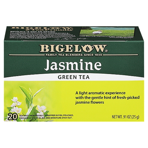 Bigelow Jasmine Green Tea Bags, 20 count, .91 oz
A light aromatic experience with the gentle hint of fresh-picked jasmine flowers

Bigelow Green Tea Blend
We're Proud of Our Recipe
Our green tea is lightly infused with the delicate aroma of jasmine flowers. Enjoy an exotic taste experience, just one sip and you'll feel like you've been whisked away to a beautiful blooming paradise.

Unlock the freshness...
...Here's the key
We use a special foil pouch to protect your tea from any air, moisture and surrounding aromas. So open and enjoy the unparalleled flavor, freshness, aroma of Bigelow Tea everywhere you go!