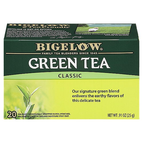 Bigelow Classic Green Tea Bags, 20 count, .91 oz
Protected in Foil
To maintain the integrity of our carefully selected ingredients, we wrap each tea bag in a foil pouch to ensure the fullest flavor, freshness, and aroma

Our Family is Proud of Our Recipe
Our green tea has been carefully selected by the Bigelow family to deliver an uncompromised quality tea experience. Our smooth and delicate signature green tea is easy to drink and never too harsh or grassy. One sip and you will taste the difference.