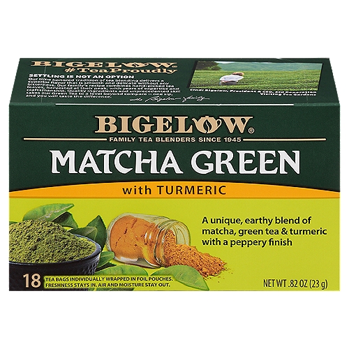 Bigelow Matcha Green with Turmeric Tea Bags, 18 count, .82 oz
Bigelow Green Tea Blend
Our Family is Proud of Our Recipe
Each ingredient below has been carefully selected by the Bigelow family to deliver an uncompromised tea experience.