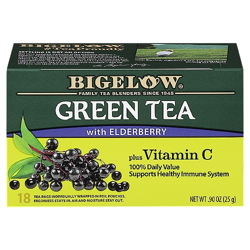 Bigelow Green Tea w Eldrbry Vit C, Tea Bags 18 Ct
Our Family is Proud of Our Recipe
Each ingredient below has been carefully selected by the Bigelow family to deliver an uncompromised quality tea experience. This delicious blend of smooth green tea and elderberry provides 100% daily value of healthy antioxidant vitamin C.
Healthy never tasted so good!