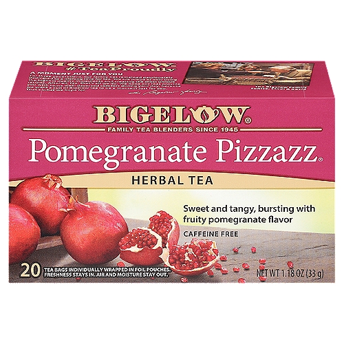 Bigelow Pomegranate Pizzazz Herbal Tea Bags, 20 count, 1.18 oznProtected in foilnTo maintain the integrity of our carefully selected ingredients, we wrap each tea bag in a foil pouch to ensure the fullest flavor, freshness, and aroma