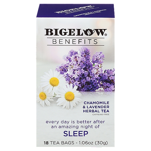 Bigelow Benefits Chamomile & Lavender Herbal Tea Bags, 18 count, 1.06 oz
Every day is better after an amazing night of sleep

Chamomile
Delicious herb commonly thought to soothe and calm

Lavender
Cherished flower traditionally thought to support relaxation

Poppy Flowers
Bright colored flower commonly associated with restfulness and calm

These statements have not been evaluated by the Food and Drug Administration. This product is not intended to diagnose, treat, cure or prevent any disease.