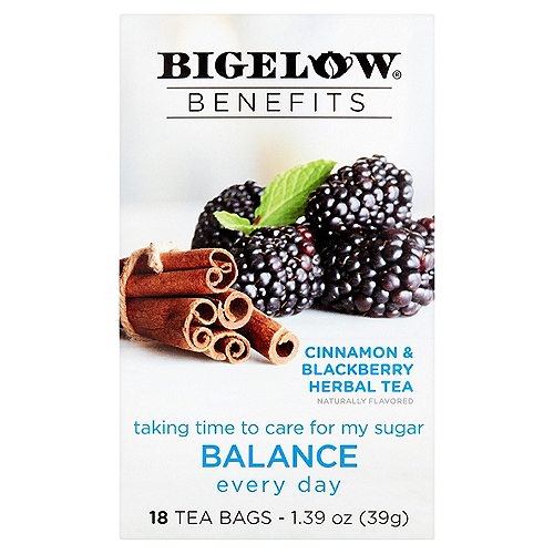 Bigelow Benefits Cinnamon and Blackberry Herbal Tea Bags, 18 count, 1.39 oznCinnamonnSweet spice commonly thought to help balance your bodynnDandelionnGolden colored flower traditionally valued to support a healthy harmonynnFennelnSweet herb commonly associated with healthy equilibriumnnThese statements have not been evaluated by the Food and Drug Administration. This product is not intended to diagnose, treat, cure or prevent any disease.