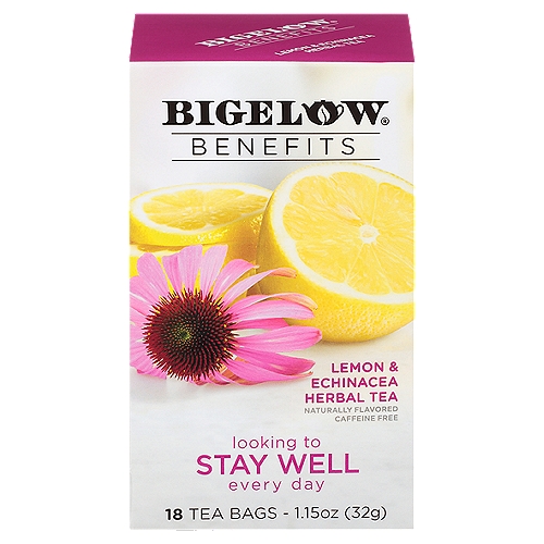 Bigelow Benefits Lemon & Echinacea Herbal Tea Bags, 18 count, 1.15 oz
Echinacea
Beautiful flower traditionally thought to help your body's defenses

Lemongrass
Tasty herb commonly thought to be a supportive hand to your overall health

Rose Hips
Tart and tasty herb commonly used to help support your well-being

Elderflowers
Light colored flower traditionally considered to help support a healthy lifestyle

*These statements have not been evaluated by the Food and Drug Administration. This product is not intended to diagnose, treat, cure or prevent any disease.
