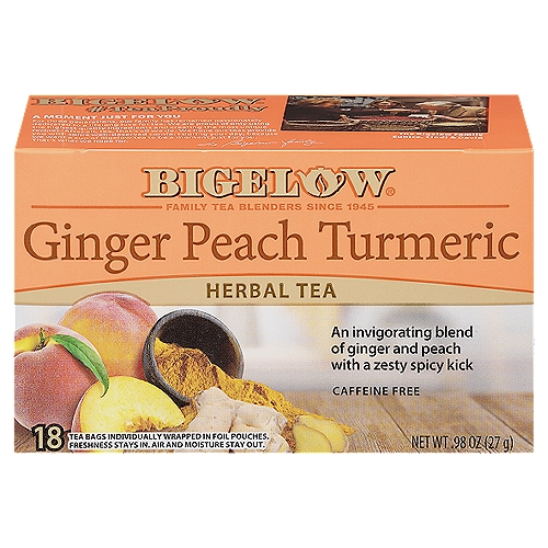 Bigelow Ginger Peach Turmeric Herbal Tea Bags, 18 count, .98 oz
Bigelow Herbal Blend
Our Family is Proud of Our Recipe
Each ingredient below has been carefully selected by the Bigelow family to deliver an uncompromised tea experience.