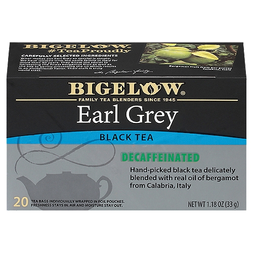 Bigelow Earl Grey Decaffeinated Black Tea Bags, 20 count, 1.18 oz
Hand-picked black tea delicately blended with real oil of bergamot from Calabria, Italy