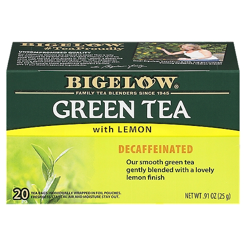 Bigelow Decaffeinated Green Tea Bags with Lemon, 20 count, .91 oz
Protected in foil...
...Because flavor matters
Our family selects ingredients so carefully that they must protect them in foil to allow you to experience their full flavor, freshness, aroma