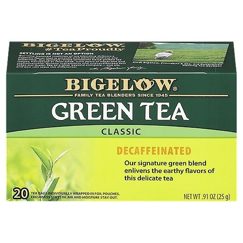 Protected in Foil nTo maintain the integrity of our carefully selected ingredients, we wrap each tea bag in a foil pouch to ensure the fullest flavor, freshness, and aromannBigelow Green Tea BlendnOur Family Is Proud of Our RecipenOur green tea has been carefully selected by the Bigelow family to deliver an uncompromised quality tea experience. Our smooth and delicate signature green tea is easy to drink and never too harsh or grassy. One sip and you will taste the difference.