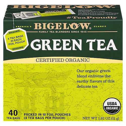 Bigelow Certified Organic Green Tea Bags, 40 count, 1.82 oz
Our organic green blend enlivens the earthy flavors of this delicate tea

Protected in Foil because Flavor Matters
Our family selects ingredients so carefully that they must protect them in foil to allow you to experience their full Flavor, Freshness, Aroma

Our family is proud of our recipe
Each ingredient below has been carefully selected by the Bigelow family to deliver an uncompromised tea experience.