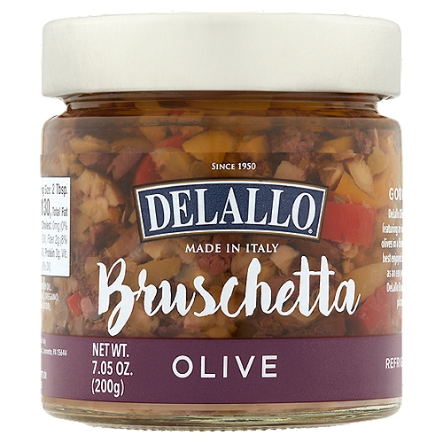 DeLallo Olive Bruschetta, 7.05 oz
Gourmet Antipasto
DeLallo Olive Bruschetta is an authentic Italian recipe featuring an irresistible blend of tart, briny green and black olives in a blend of herbs and spices.

This classic antipasto is best enjoyed scooped onto toasted slices of baguette bread as an easy elegant appetizer. As a gourmet ingredient, DeLallo Bruschetta is ready to dazzle dips, sandwiches, pizzas, pasta dishes, dressings and more.