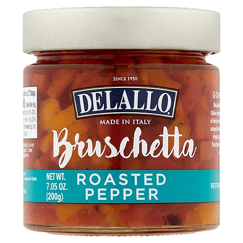 DeLallo Roasted Pepper Bruschetta, 7.05 oz
Gourmet Antipasto
DeLallo Roasted Pepper Bruschetta is an authentic Italian recipe featuring smoky-sweet peppers in a blend of herbs and spices. This classic antipasto is best enjoyed scooped onto toasted slices of baguette bread as an easy, elegant appetizer. As a gourmet ingredient, DeLallo Bruschetta is ready to dazzle dips, sandwiches, pizzas, pasta dishes, dressings and more.