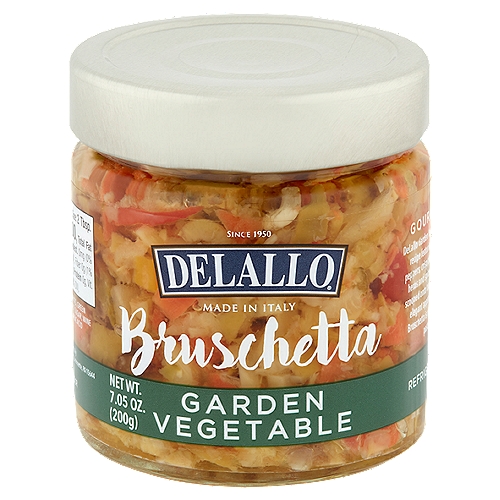 DeLallo Garden Vegetable Bruschetta, 7.05 oz
Gourmet Antipasto
DeLallo Garden Vegetable Bruschetta is an authentic Italian recipe featuring a colorful blend of artichokes, sweet peppers, crisp carrots and briny green olives in a blend of herbs and spices. This classic antipasto is best enjoyed scooped onto toasted slices of baguette bread as an easy, elegant appetizer. As a gourmet ingredient, DeLallo Bruschetta is ready to dazzle dips, sandwiches, pizzas, pasta dishes, dressings and more.