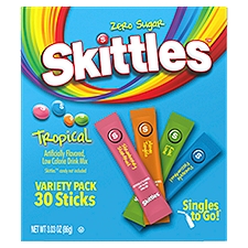 Skittles Singles to Go! Zero Sugar Tropical Drink Mix Sticks Variety Pack, 3.03 oz, 30 count
