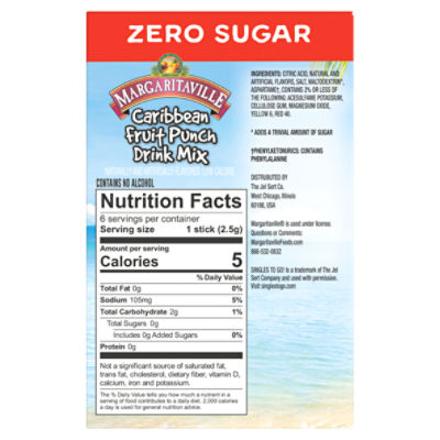 Margaritaville Zero Sugar Caribbean Fruit Punch Drink Mix, 6 count, 0.54 oz