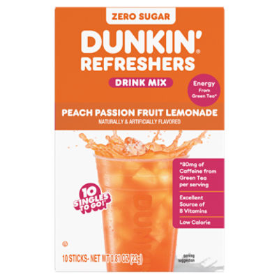 Dunkin' Refreshers Zero Sugar Peach Passion Fruit Lemonade Drink Mix, 10 count, 0.81 oz