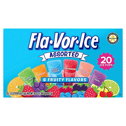 Fla-Vor-Ice Assorted 6 Fruity Flavors Ice Pops, 1.5 oz, 20 count