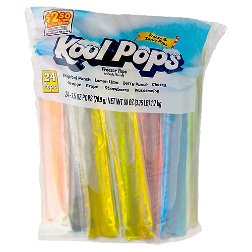 Kool Pops Freezer Pops, 2.5 oz, 24 count
Tropical Punch, Lemon Lime, Berry Punch, Cherry, Orange, Grape, Strawberry, Watermelon Freezer Pops