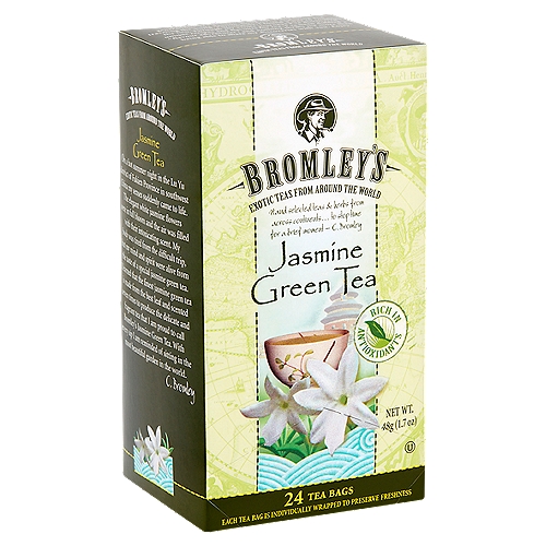 Bromley's Jasmine Green Tea Bags, 24 count, 1.7 oz
On a hot summer night in the Lu Yu district of Fukien Province in southwest China my senses suddenly came to life. The elegant white jasmine flowers were in full bloom and the air was filled with their intoxicating scent. My body was tired from the difficult trip, but my mind and spirit were alive from the taste of a special jasmine green tea. I learned that the finest jasmine green tea is made from the best leaf and scented seven times to produce the delicate and fragrant tea that I am proud to call Bromley's Jasmine Green Tea. With every sip I am reminded of sitting in the most beautiful garden in the world.
C. Bromley