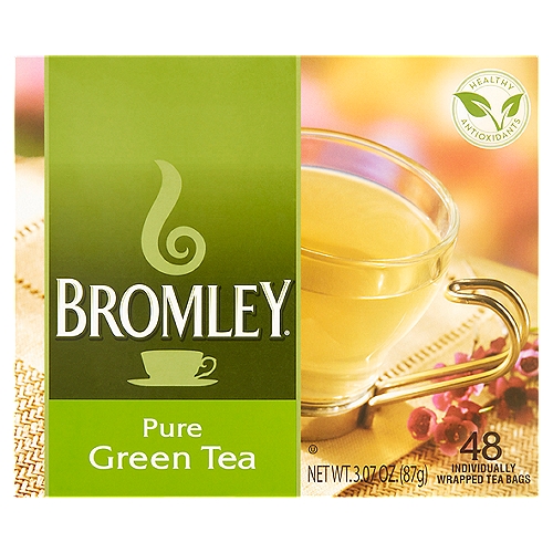 Bromley Pure Green Tea Bags, 48 count, 3.07 oz
Tea and Health*
Why is Tea Healthy?
Bromley Teas are made from the leaves of the Camellia Sinensis bush. They are naturally loaded with healthy antioxidants called flavonoids and L-theanine an amino acid. They help the body to fight off disease and boost the bodies natural immune system.
*The FDA has not approved any claims relating to tea and health

Tea and a Healthy Lifestyle
Recent scientific research has confirmed that tea drinking is an important part of a healthy lifestyle. Studies conducted at Major American and European Universities have concluded that drinking black or green tea may have the following potential health benefits.
• Tea may protect against heart disease and stroke
• Tea may help our bodies prevent cancer
• Tea may help to boost your natural immune system
• Tea may sharpen your mental acuity
• Tea may stave off Alzheimers and Parkinson's disease
• Tea can lower stress hormones
• Tea can prevent cavities