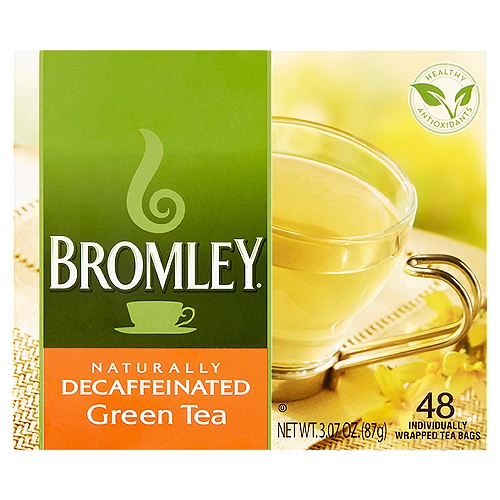 Bromley Naturally Decaffeinated Green Tea Bags, 48 count, 3.07 oz
Tea and Health*
Why is Tea Healthy?
Bromley Teas are made from the leaves of the Camellia Sinensis bush. They are naturally loaded with healthy antioxidants called flavonoids and L-theanine an amino acid. They help the body to fight off disease and boost the bodies natural immune system.
*The FDA has not approved any claims relating to tea and health

Tea and a Healthy Lifestyle
Recent scientific research has confirmed that tea drinking is an important part of a healthy lifestyle. Studies conducted at Major American and European Universities have concluded that drinking black or green tea may have the following potential health benefits.
• Tea may protect against heart disease and stroke
• Tea may help our bodies prevent cancer
• Tea may help to boost your natural immune system
• Tea may sharpen your mental acuity
• Tea may stave off Alzheimers and Parkinson's disease
• Tea can lower stress hormones
• Tea can prevent cavities
