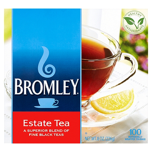 Bromley Estate Tea Bags, 100 count, 8 oz
Tea and health*
*The FDA has not approved any claims relating to tea and health

Why is Tea Healthy?
Bromley Teas are made from the leaves of the camellia sinensis bush. They are naturally loaded with healthy antioxidants called flavonoids and L-theanine an amino acid. They help the body to fight off disease and boost the bodies natural immune system.

Tea and a Healthy Lifestyle
Recent scientific research has confirmed that tea drinking is an important part of a healthy lifestyle. Studies conducted at Major American and European Universities have concluded that drinking black or green tea may have the following potential health benefits.

• Tea may protect against heart disease and stroke
• Tea may help our bodies prevent cancer
• Tea may help to boost your natural immune system
• Tea may sharpen your mental acuity
• Tea may stave off Alzheimers and Parkinson's disease
• Tea can lower stress hormones
• Tea can prevent cavities