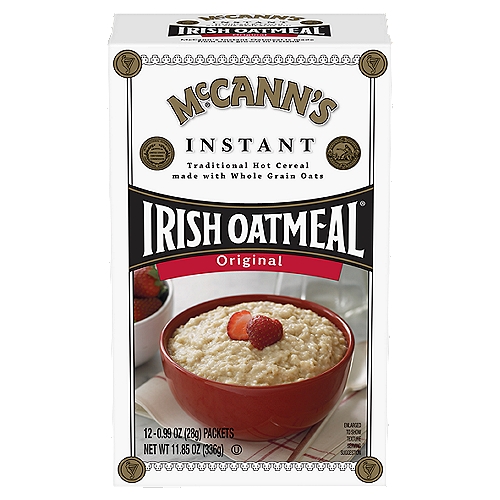 Traditional Hot Cereal Made with Whole Grains OatsnnSoluble fiber from oatmeal, as part of a diet low in saturated fat and cholesterol, may reduce the risk of heart disease. One serving of oatmeal supplies 0.8 grams of the 3 grams of beta-glucan soluble fiber necessary per day to have this effect.nnMcCann's Instant Oatmeal is made from oats grown in Ireland