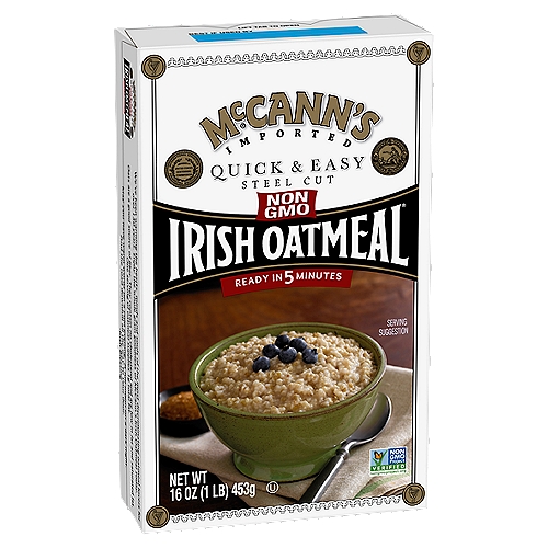 McCann's Quick & Easy Steel Cut Irish Oatmeal, 16 oz
Looking for a quick and easy way to get the benefits of Steel Cut Oats?
Steel Cut Oats are a long standing tradition in Ireland where the rich soil and moist climate produce some of the finest oats in the world.

One look tells you that Steel Cut Oats are different. The outer husk is removed from the oat kernel which is then cut into pieces using steel discs. That's it! (No steaming and rolling like conventional oats). The result is a truly distinct flavor and texture that delivers the goodness of whole grain oats.

Diet experts and nutritionists are recommending Steel Cut Oats as the perfect start to your morning. A hearty bowl of McCann's Steel Cut Oats gives you sustained energy to power you through your morning.

Ready in minutes
We know you're in a hurry, so these oats blend state of the art technology with time honored tradition and need only 5 minutes to cook!

Oats are a good source of fiber. They contain no cholesterol and are low in fat and saturated fat. One serving of oatmeal supplies 1g total fat