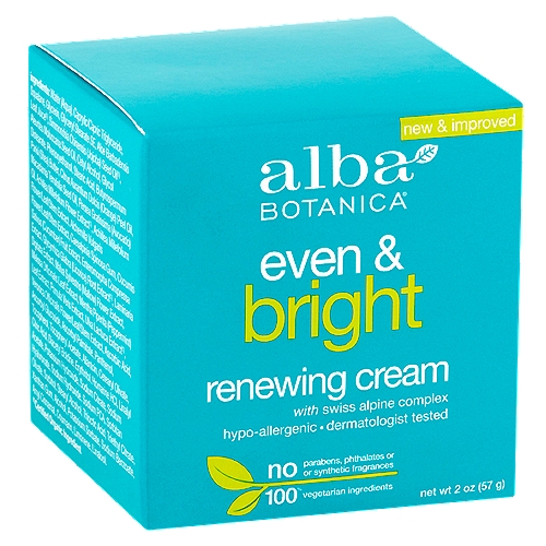 Alba Botanica Even & Bright Renewing Cream, 2 oznYour preferred choice in evening wearnWhile you catch your z-z-z's, this little gem works the night shift so you can wake up on the bright side of the bed. Every use elevates skin with a complex of seven plant extracts harvested high in the Swiss alps for their intense antioxidant and skin brightening benefits. Sleep on it for more clarity in the morning.nnFace the facts!nOver 93% of users agreed their skin felt hydrated in the morning after using this cream overnight.*n*shown in consumer perception study